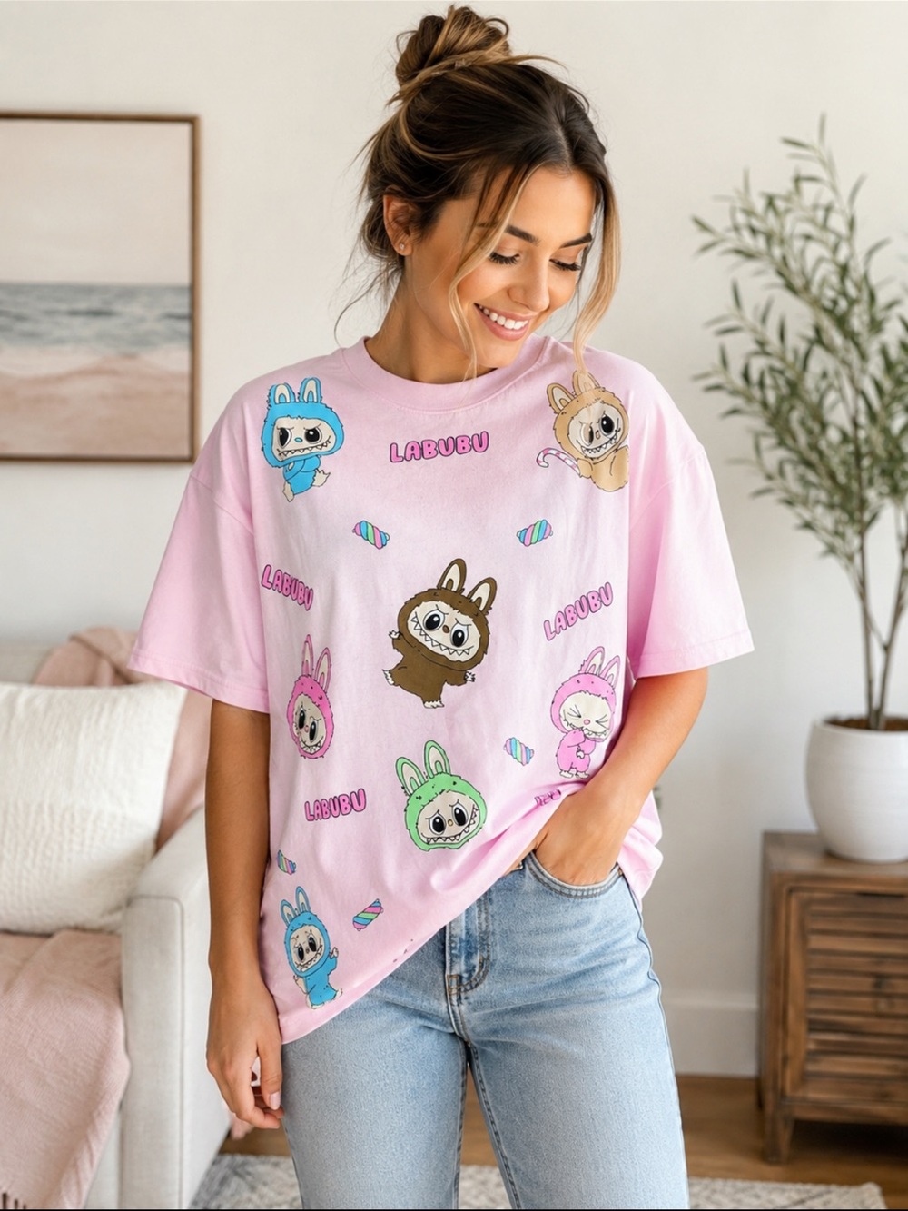 Lollipop Bangkok Pink Labubu Character Candy Graphic short Sleeve T-Shirt NWT L?